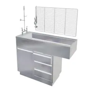 Stainless steel veterinary wet table cabinet with knee space and drawers